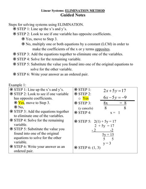 Example Solve the equation. . Solving systems using elimination guided notes pdf
